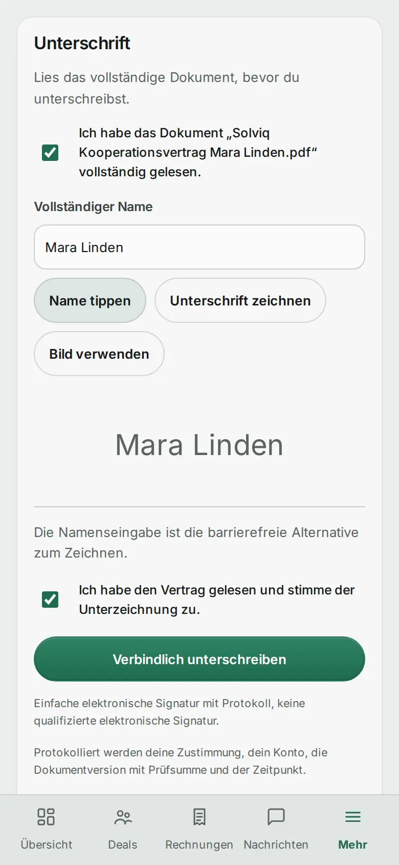Creator-Portal am Handy: Vertrag unterschreiben.