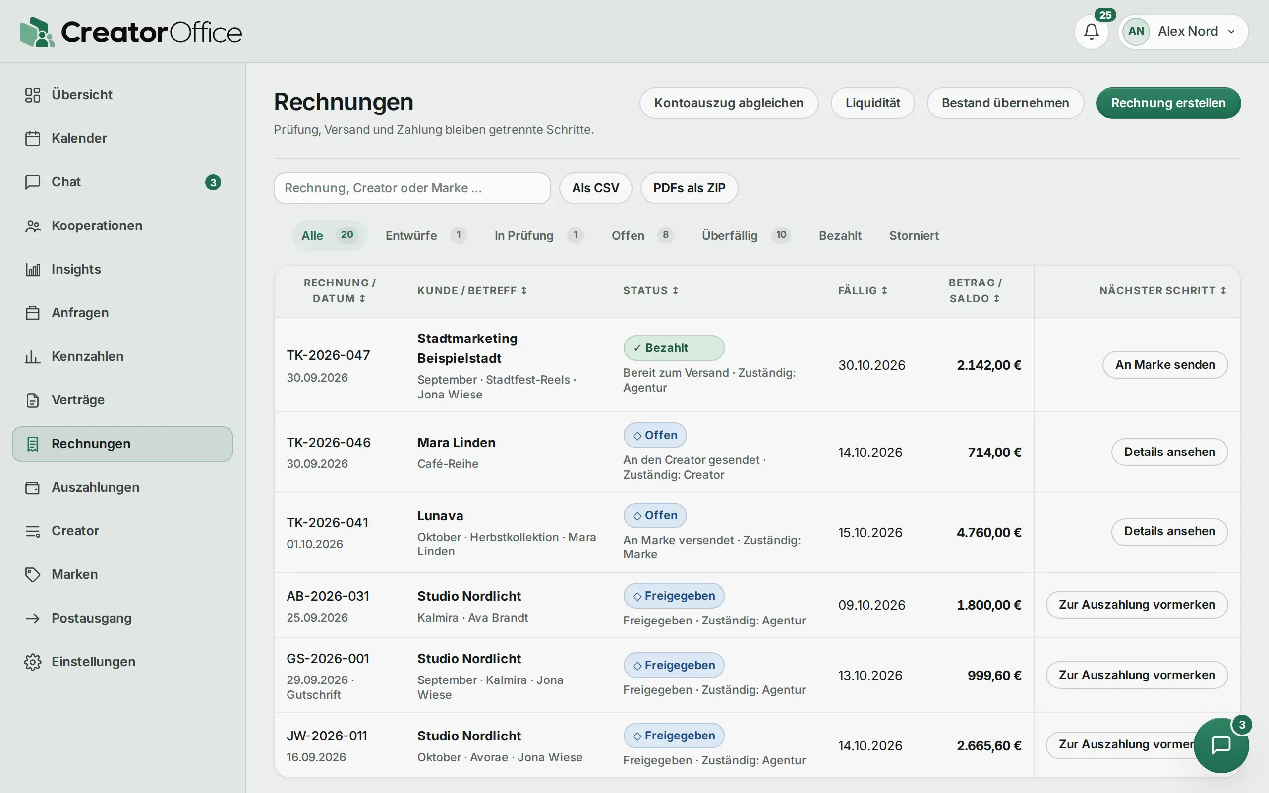 Agentur-Portal: Rechnungsliste, eine Rechnung bezahlt.