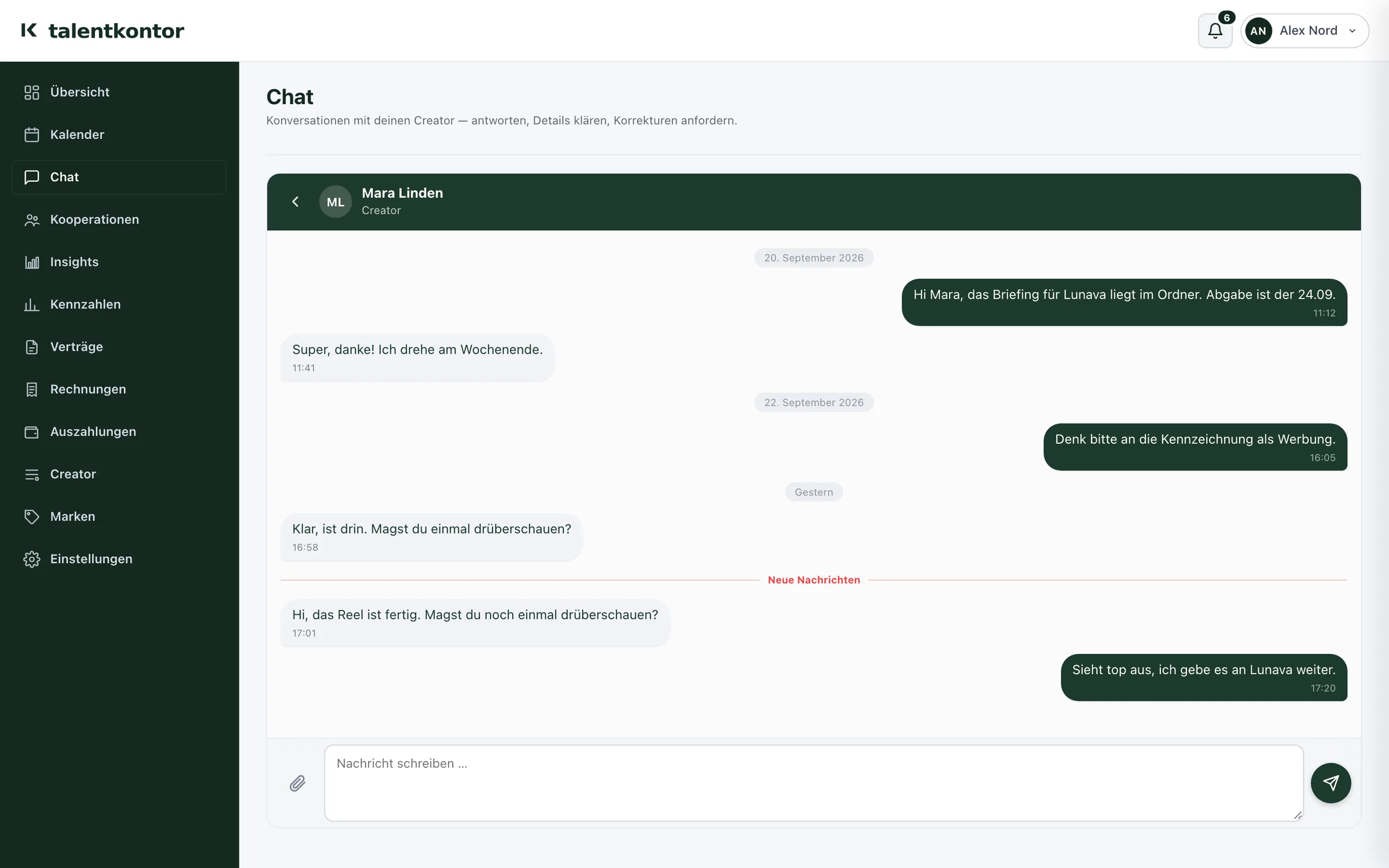 Chat mit einem Creator, verknüpft mit Kooperationen, Verträgen und Rechnungen.