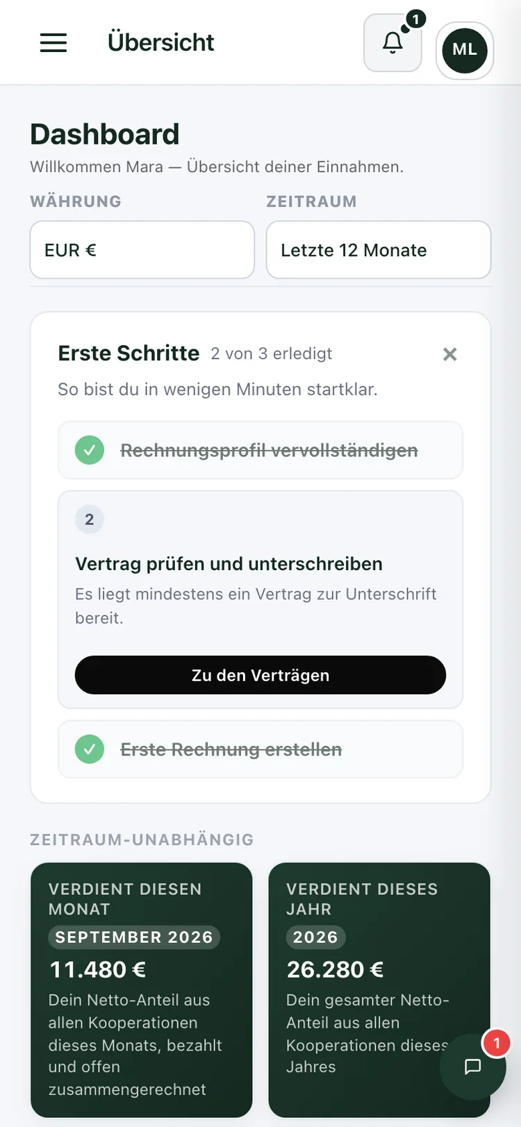 Creator-Portal am Handy: Dashboard mit ersten Schritten und verdientem Anteil.