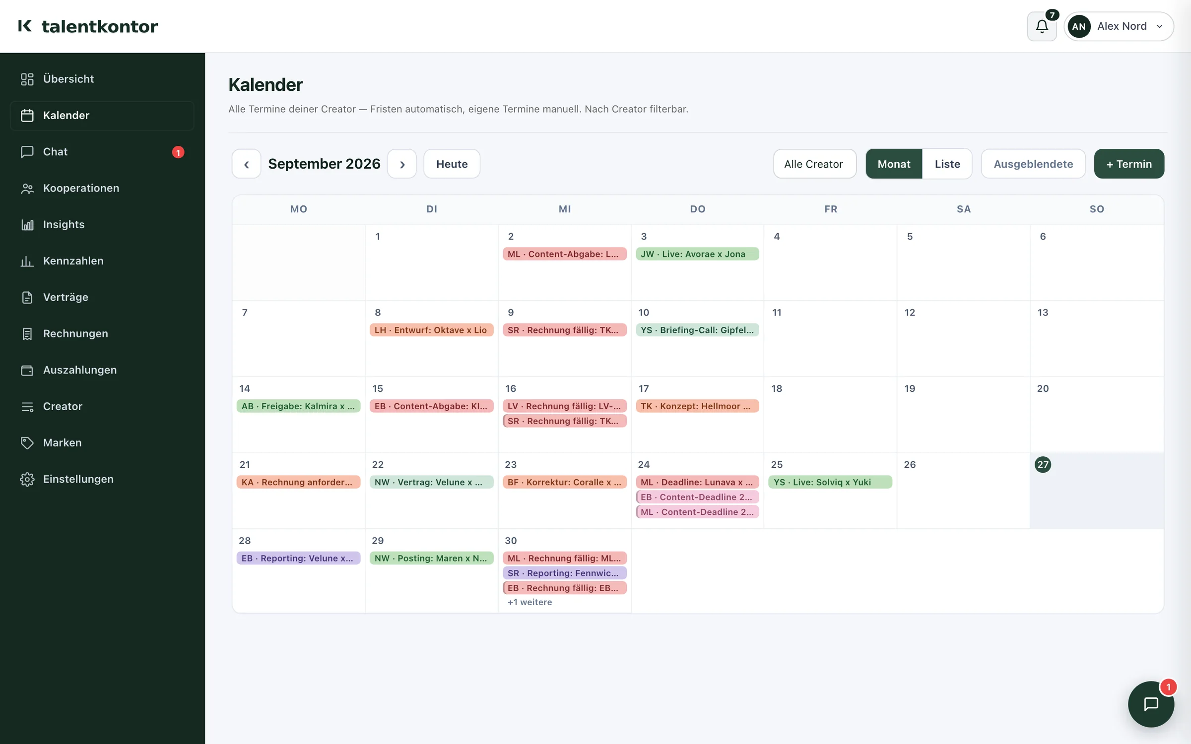 Monatskalender mit Content-Abgaben, Freigaben und Rechnungsfristen der Creator.